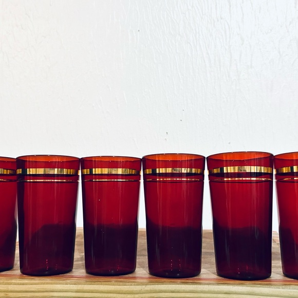 Set Of 6 Vintage Ruby Red With Gold Trim Drinking Glasses/ Vintage Glassware - Picture 12 of 14